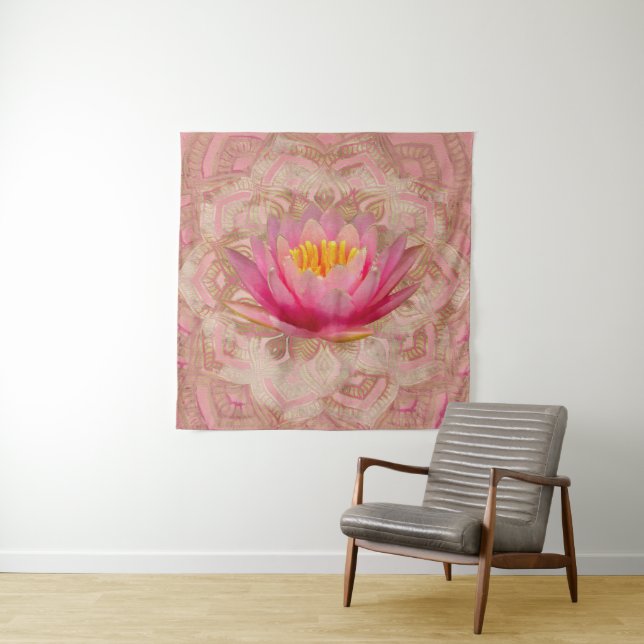 Tapiz Lotus en oro de la acuarela de la mandala y rosa (In situ)