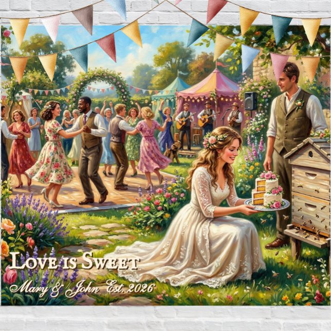 Tapiz Love is Sweet Bee Wedding Keepsake Sign (fabric wedding tapestry. whimsical painted scene of a summer garden wedding reception with a bride)