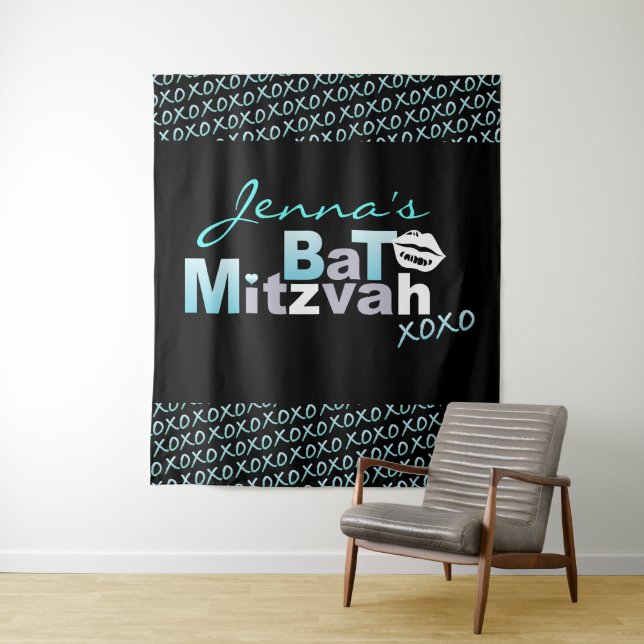 Tapiz LOVE & KISSES Aqua Bat Mitzvah Photo Op Backdrop (In situ)