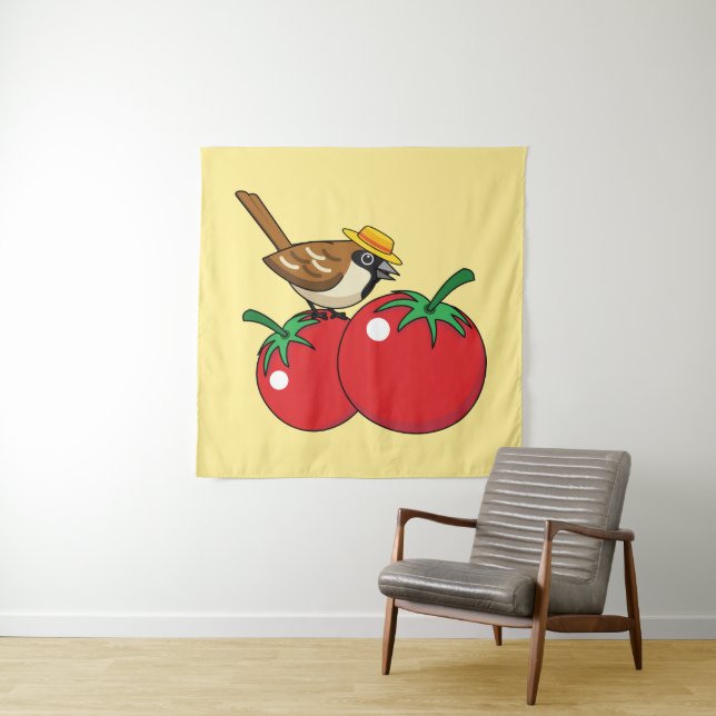 Tapiz Lover Sparrow Orgánico come tomate rojo (In situ)