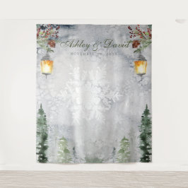 Tapiz Luces de árboles de pino rústicos de invierno para