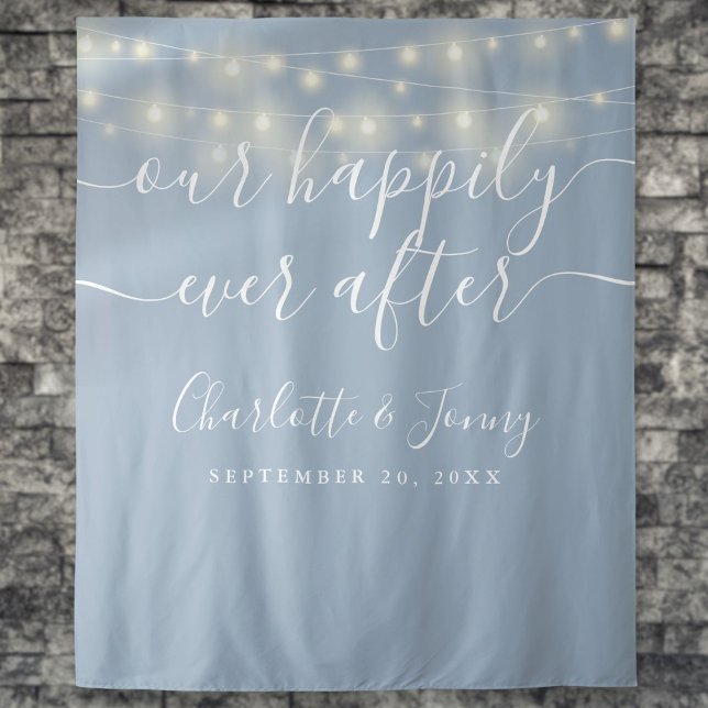 Tapiz Luces de cadena Dusty Blue Boda Foto Fondo (String Lights Dusty Blue Wedding Photo Backdrop)