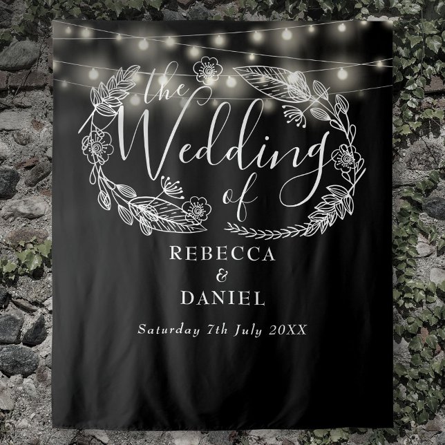 Tapiz Luces de Cadena en Blanco y Negro para Fondo de Bo (Black And White String Lights Wedding Backdrop)