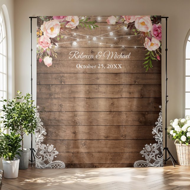 Tapiz Luces de Cadena Floral Rústica con Fondo de Madera (Subido por el creador)