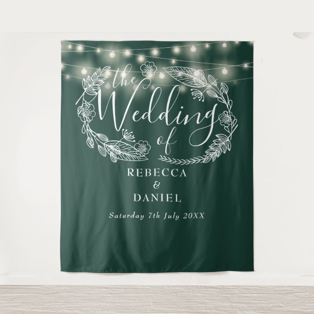 Tapiz Luces de Cadena Verde Esmeralda para Fondo de Boda (Anverso)