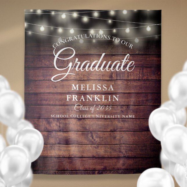 Tapiz Luces de Cuerda de Madera Rústica Fondo de Graduac (Rustic Wood String Lights Graduation Backdrop)