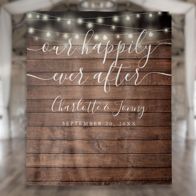 Tapiz Luces de Cuerda de Madera Rústica para Fondo de Fo (Rustic Wood String Lights Wedding Photo Backdrop)
