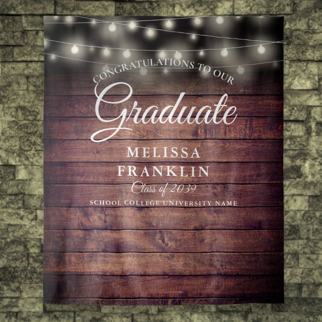 Tapiz Luces de Cuerda Rústicas Fondo de Fiesta de Gradua (Rustic String Lights Graduation Party Backdrop)