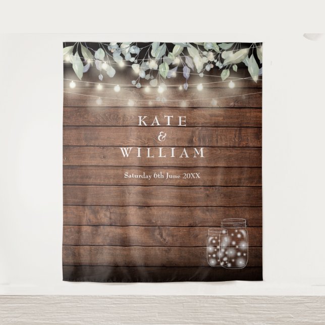 Tapiz Luces de Cuerdas en Tarros de Mason Rústicos Fondo (Anverso)