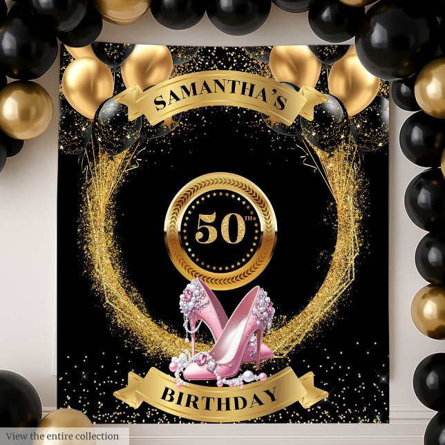Tapiz Lujo 50.º telón de fondo de cumpleaños Talones Pur (Luxury 50th Birthday Backdrop Pink Glitter Heels)