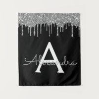 Lujo Negro Plateado Glitter Glam Monograma Nombre