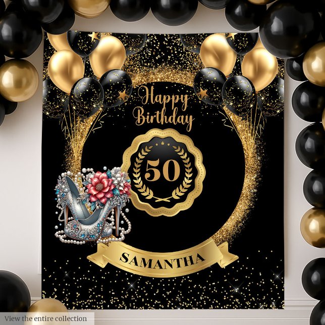 Tapiz Luminoso dorado negro plateado 50 aniversario fond (Shiny Black Gold Silver 50th Birthday Backdrop)