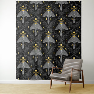 Tapiz Luna, fases lunares y patrón de damasco de hiedra