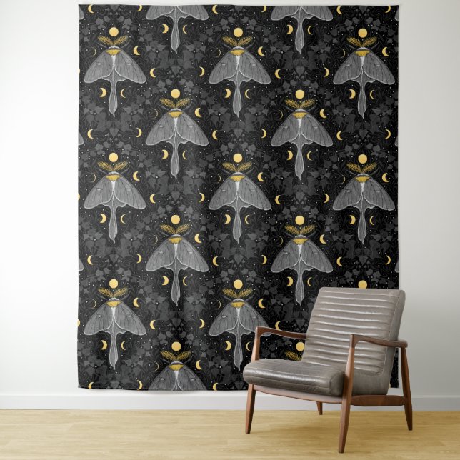 Tapiz Luna, fases lunares y patrón de damasco de hiedra (In situ)