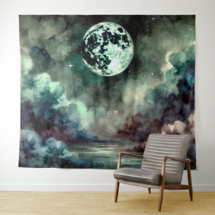 Tapiz Luna Mística Nubes Cósmicas en un Cielo Nocturno O