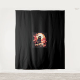 Tapiz Luna negra de gato y flores de cerezo en Sakura a