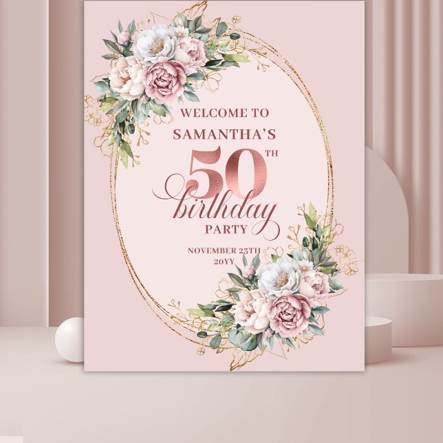 Tapiz Luxe Rose Gold Botanical 50th Birthday Party Banne (Luxe Rose Gold Botanical 50th Birthday Party Banner)