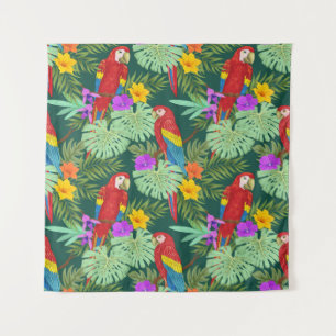 Tapiz Macao y plantas tropicales con flores sin costura