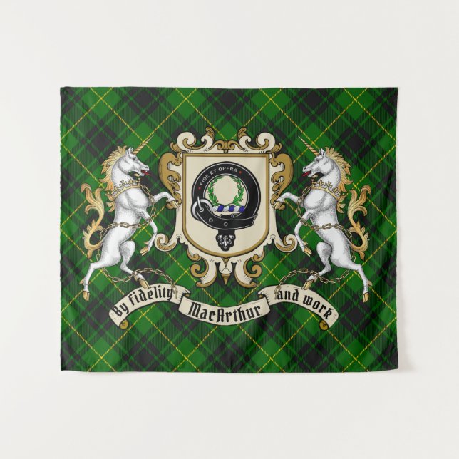 Tapiz MacArthur Clan Badge & Unicorns con Tartán (Anverso (horizontal))