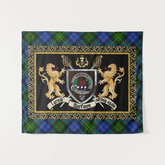 Tapiz MacEwen Clan Badge & Motto con Leones (Anverso (horizontal))