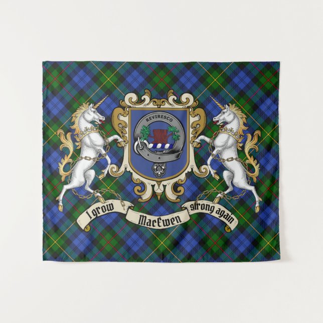 Tapiz MacEwen Clan Badge & Unicorns con Tartán (Anverso (horizontal))