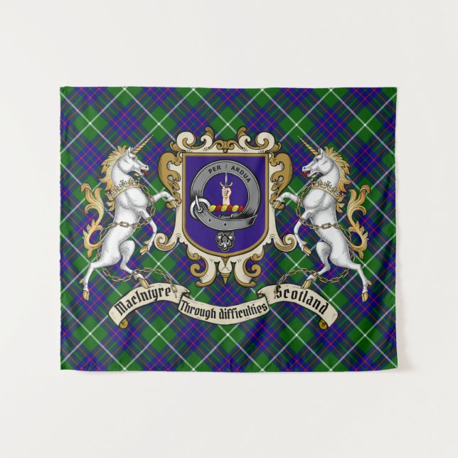 Tapiz MacIntyre Clan Badge & Unicorns con Tartán (Anverso (horizontal))