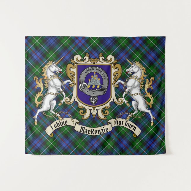 Tapiz MacKenzie Clan Badge & Unicorns con Tartán (Anverso (horizontal))