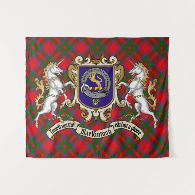 Tapiz MacKintosh Clan Badge & Unicorns con Tartán (Anverso (horizontal))