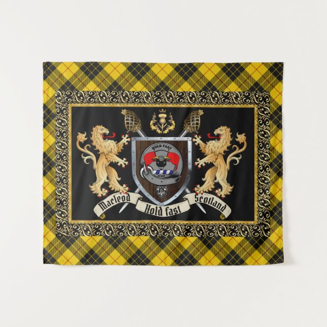 Tapiz Macleod Clan Badge & Motto con Leones (Anverso (horizontal))