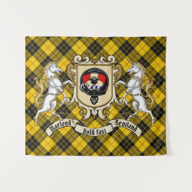 Tapiz Macleod Clan Badge & Unicorns con Tartán (Anverso (horizontal))