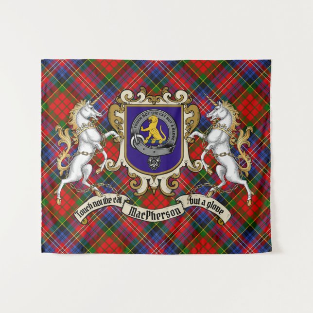Tapiz MacPherson Clan Badge & Unicorns con Tartán (Anverso (horizontal))