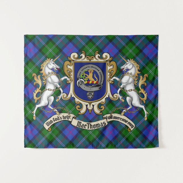 Tapiz MacThomas Clan Badge & Unicorns con Tartán (Anverso (horizontal))