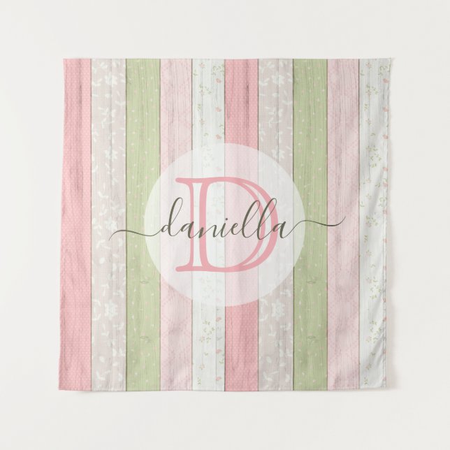 Tapiz Madera floral Rústica Verde y Rosa Personalizada (Anverso)