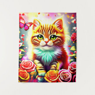 Tapiz "Magical Tabby Cat with Roses and Butterfly Art Pr