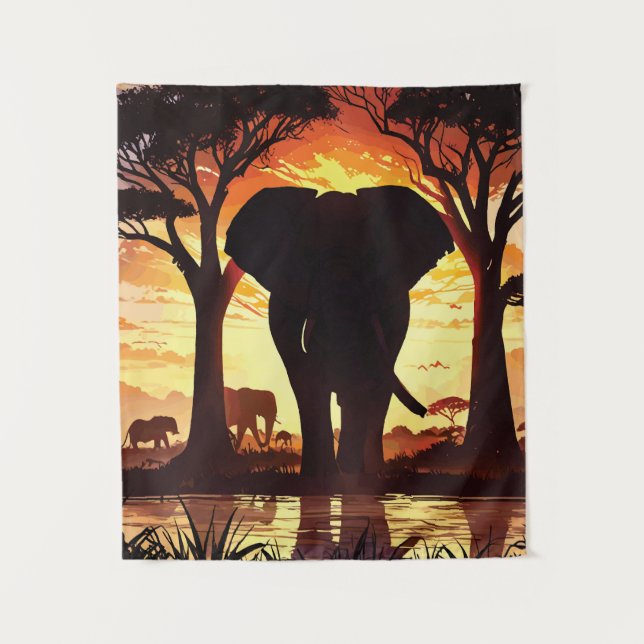 Tapiz Majestic Elephant at Sunset in the African Savanna (Anverso)