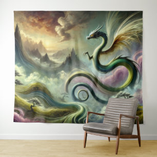 Tapiz Majestuoso Dragón Celestial sobre Montañas de Fant