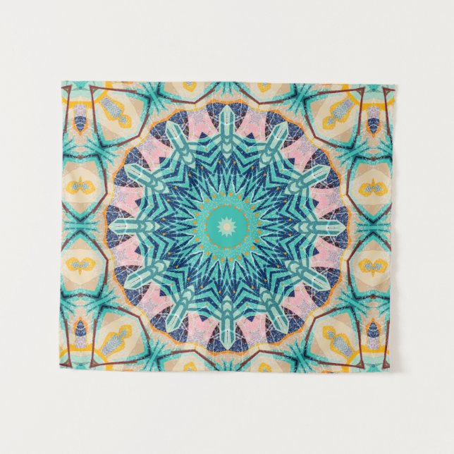 Tapiz Mandala amarillo-naranja, menta y rosa. (Anverso (horizontal))