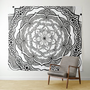 Tapiz Mandala Art Boho Moda Elegante Trippy Blanco Negro