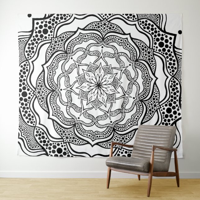 Tapiz Mandala Art Boho Moda Elegante Trippy Blanco Negro (In situ (horizontal))