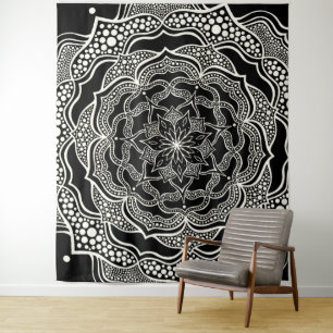Tapiz Mandala Art Boho Moda Elegante Trippy Blanco Negro