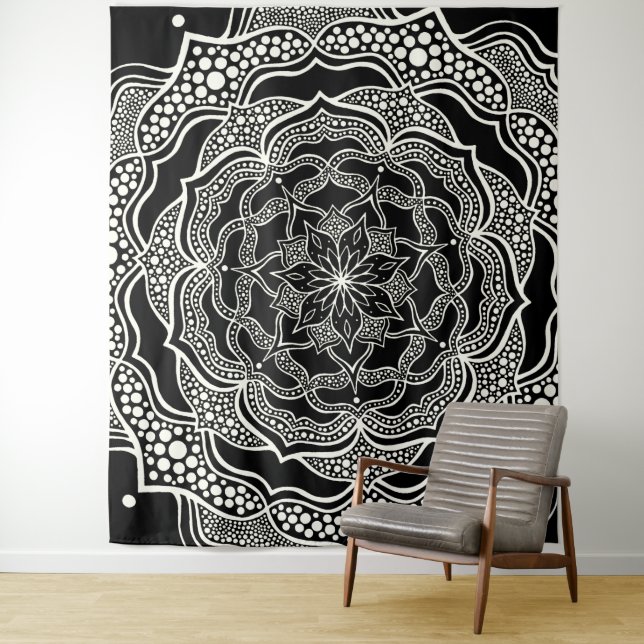 Tapiz Mandala Art Boho Moda Elegante Trippy Blanco Negro (In situ)