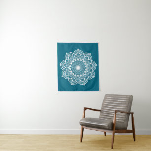 Tapiz Mandala Blanco sobre Fondo Azul