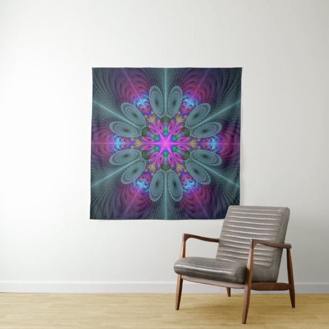 Tapiz Mandala Colorido Arte Fractal Espiritual Con Rosa (In situ)