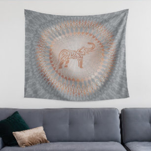 Tapiz Mandalá de elefante gris oro rosa
