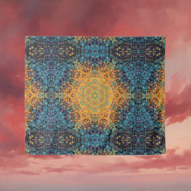 Tapiz Mandala digital amarillo azul y rojo (Yellow Blue and Red Digital Mandala Tapestry by Wormhole Orbital)