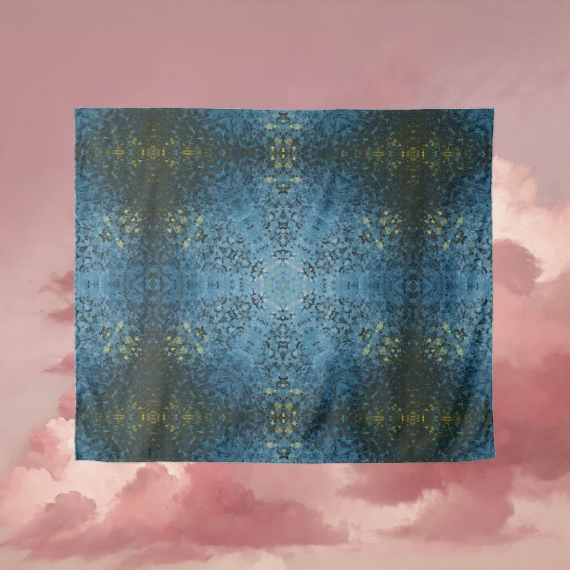 Tapiz Mandala digital azul y amarillo (Blue and Yellow Digital Paint Mandala Tapestry By Wormhole Orbital)