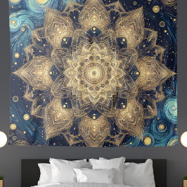 Tapiz Mandala dorada moderna Noche estrellada azul celes