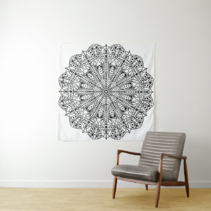 Tapiz Mandala floral blanca y negra moderna