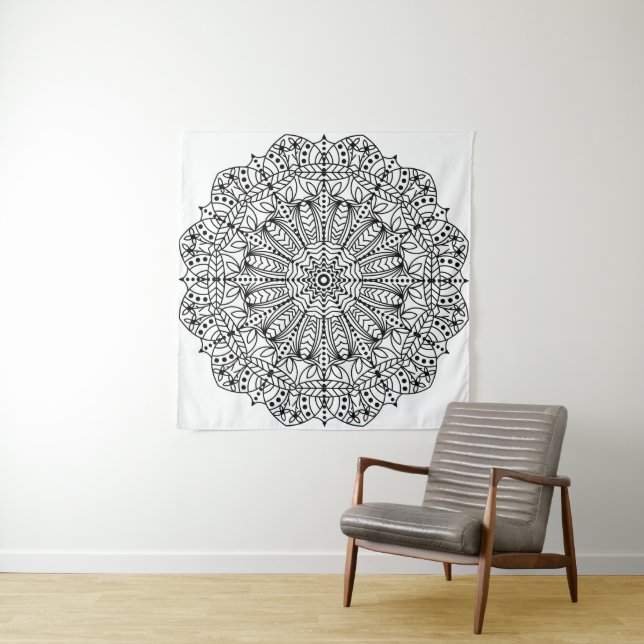 Tapiz Mandala floral blanca y negra moderna (In situ)