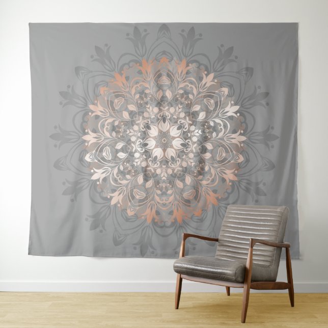 Tapiz Mándala Floral Gris Rosa Dorado (In situ (horizontal))